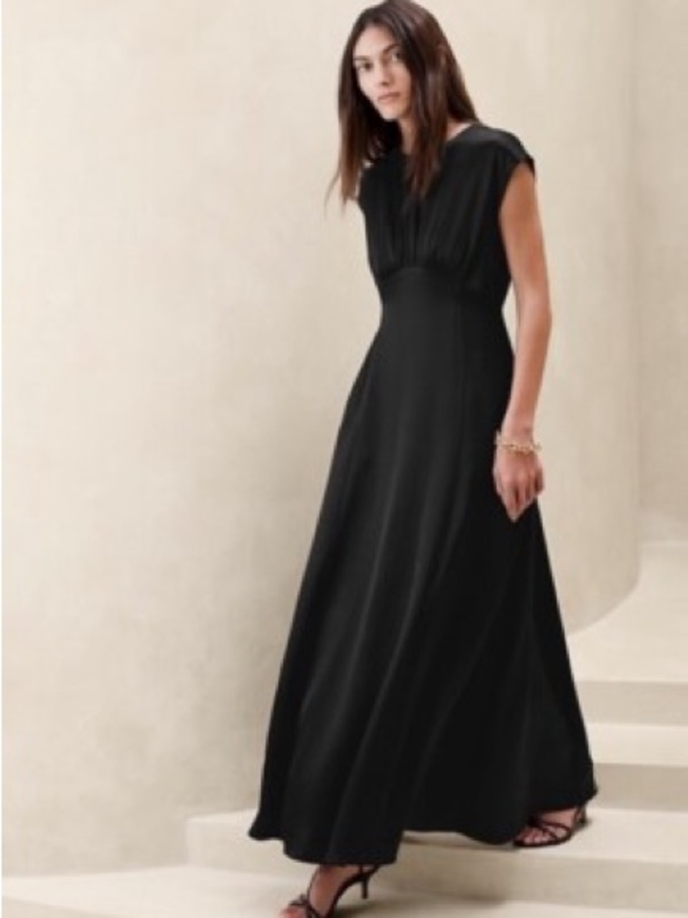 100% silk Banana Republic “Astral” Black Maxi Dress with Cap Sleeves